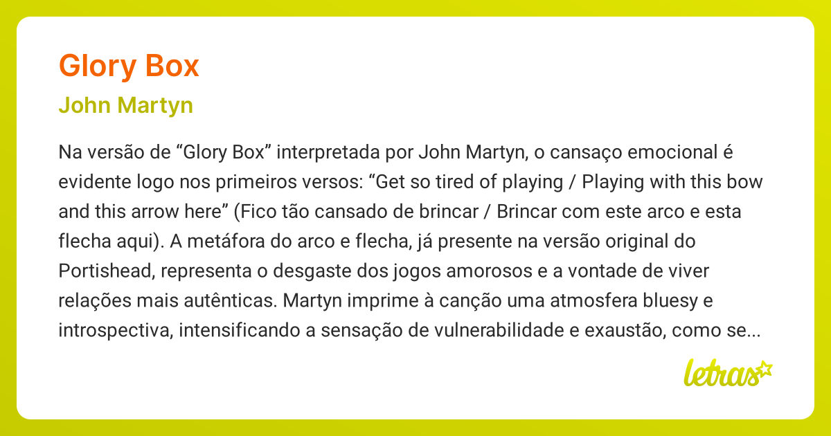 Significado da música GLORY BOX (John Martyn) LETRAS.MUS.BR