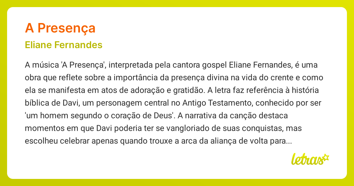 Significado da música A PRESENÇA (Eliane Fernandes) - LETRAS.MUS.BR