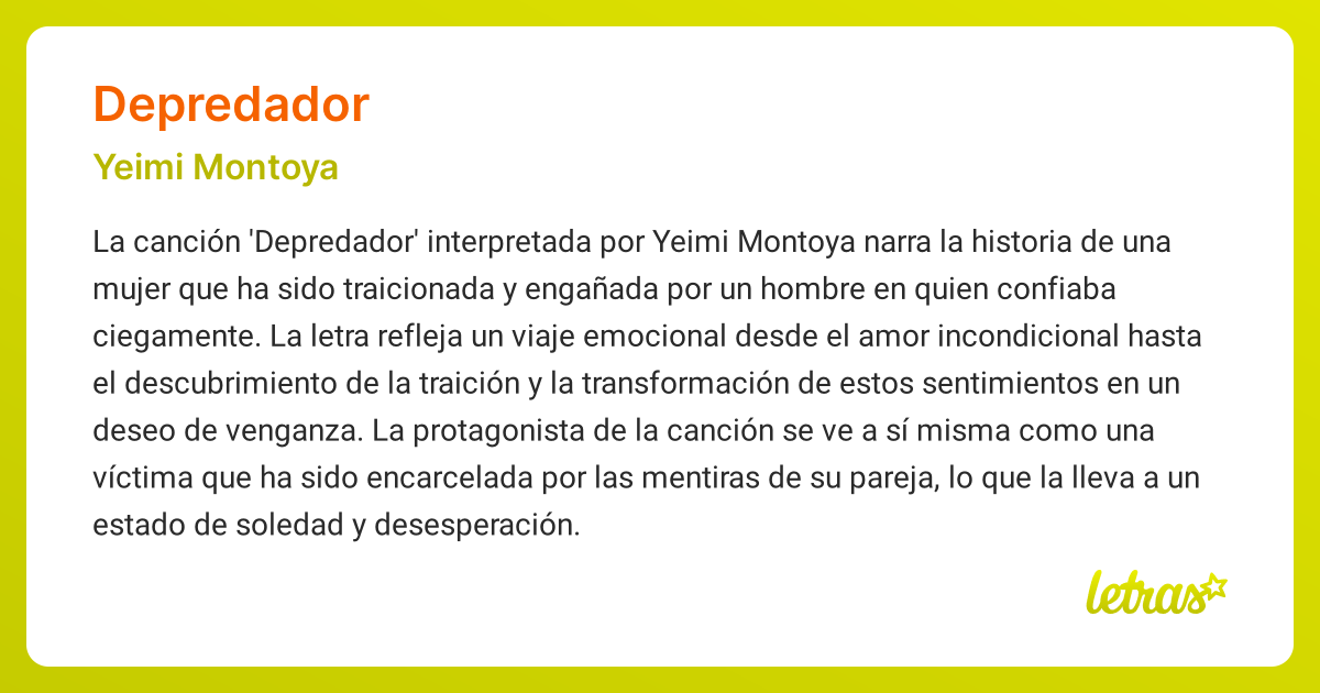 Significado de la canción DEPREDADOR (Yeimi Montoya) - LETRAS.COM