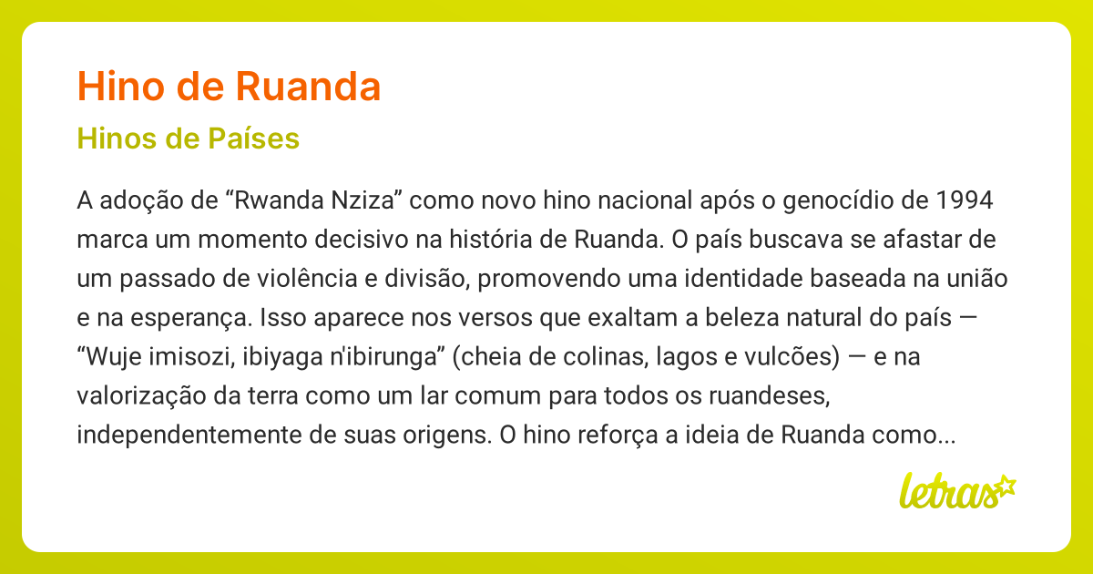 Significado da música HINO DE RUANDA (Hinos de Países) - LETRAS.MUS.BR
