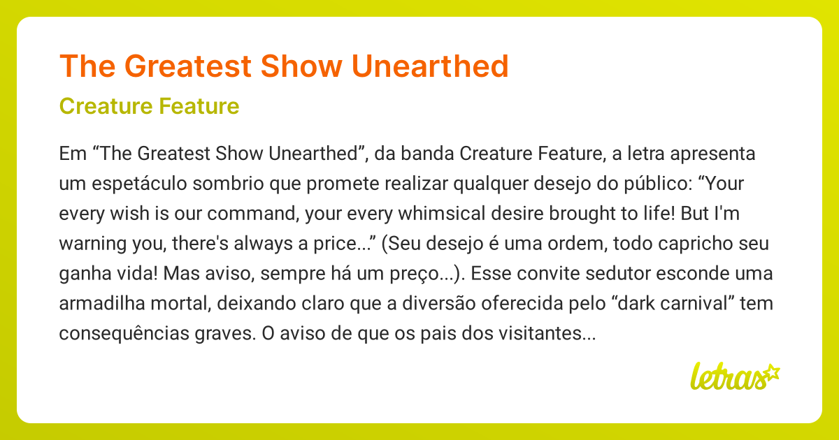 Significado da música THE GREATEST SHOW UNEARTHED (Creature Feature ...