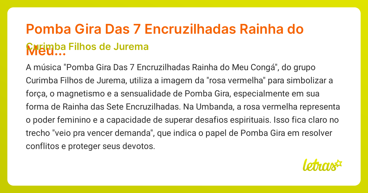 Significado da música Pomba Gira Das 7 Encruzilhadas Rainha do Meu