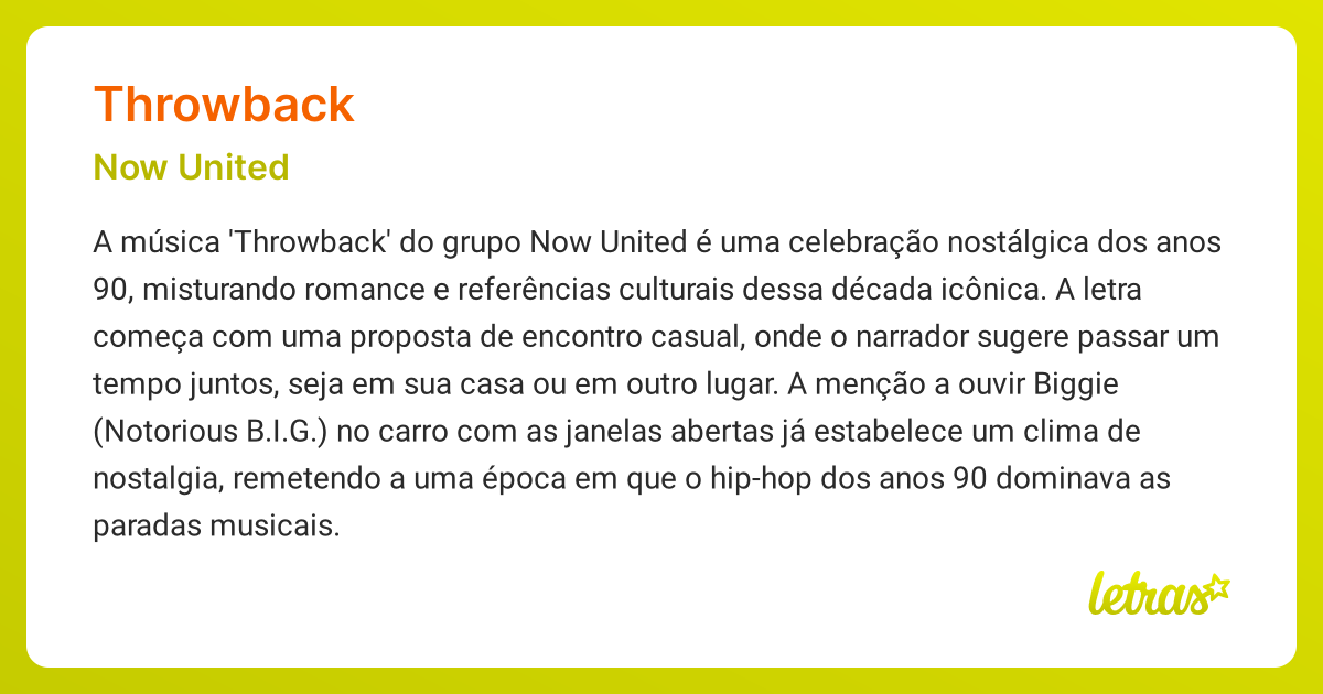 Significado da música THROWBACK (Now United) LETRAS.MUS.BR