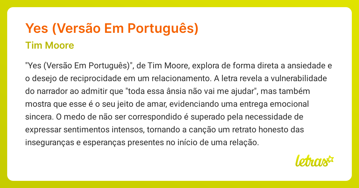 Significado da música YES (VERSÃO EM PORTUGUÊS) (Tim Moore) - LETRAS.MUS.BR