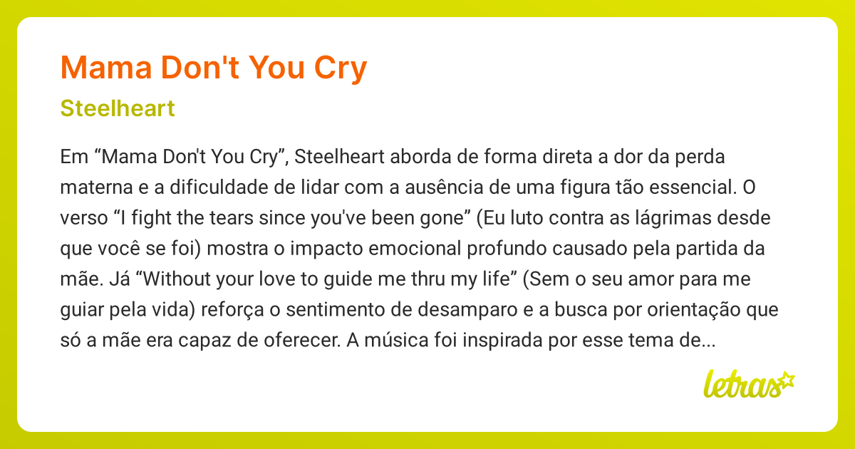 Significado da música MAMA DON'T YOU CRY (Steelheart) - LETRAS.MUS.BR