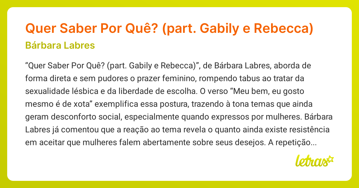 Significado da música Quer Saber Por Quê? (part. Gabily e Rebecca ...