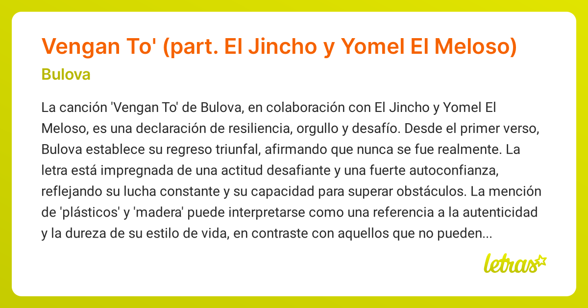 Significado de la cancion Vengan To part. El Jincho y Yomel El Meloso Bulova LETRAS.COM