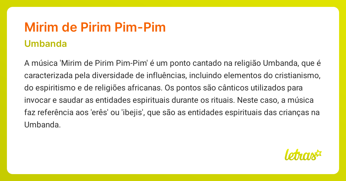 Significado Da Música Mirim De Pirim Pim-pim (umbanda) - Letras.mus.br