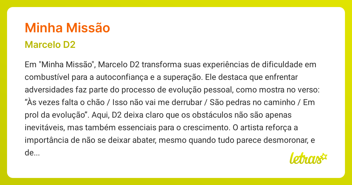 Significado da música MINHA MISSÃO (Marcelo D2) - LETRAS.MUS.BR