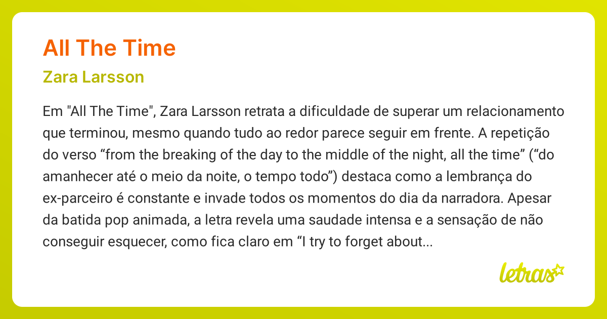Significado da música ALL THE TIME (Zara Larsson) - LETRAS.MUS.BR