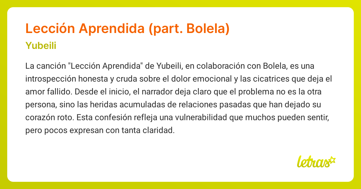 Significado de la canción Lección Aprendida (part. Bolela) (Yubeili ...