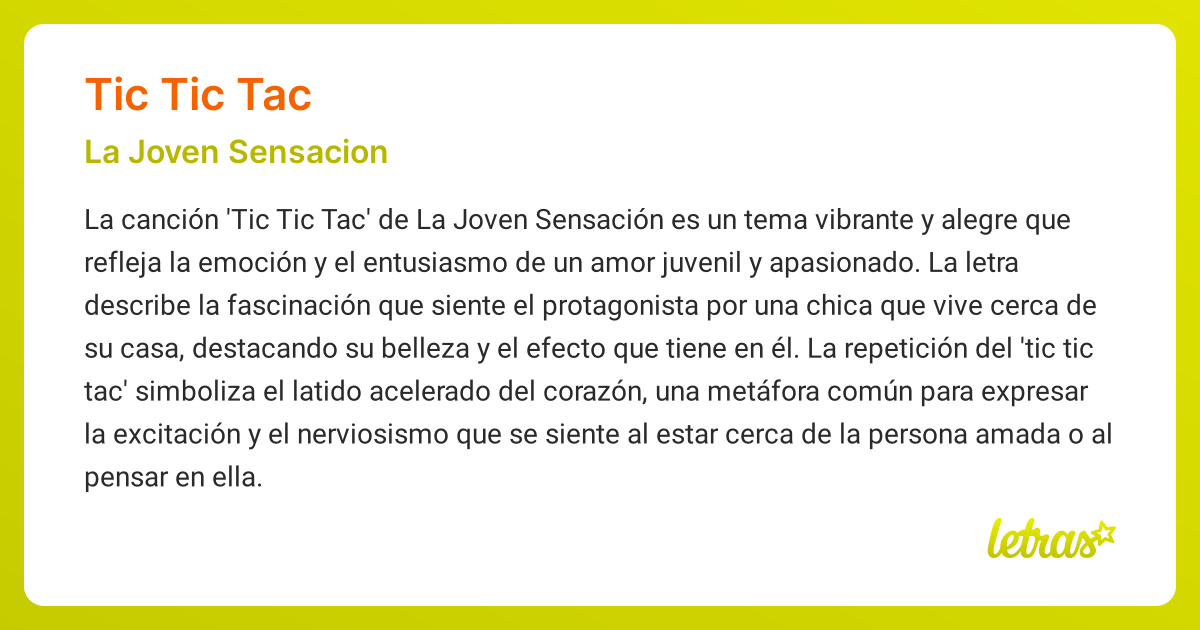 Significado de la cancion TIC TIC TAC La Joven Sensacion LETRAS.COM