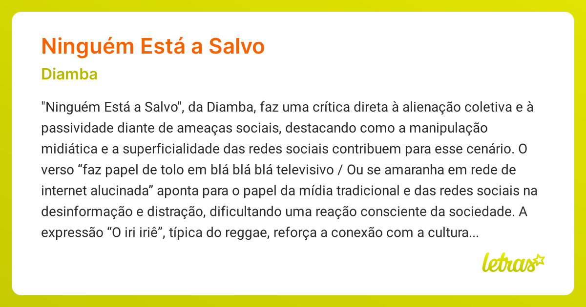 Significado da música NINGUÉM ESTÁ A SALVO (Diamba) - LETRAS.MUS.BR