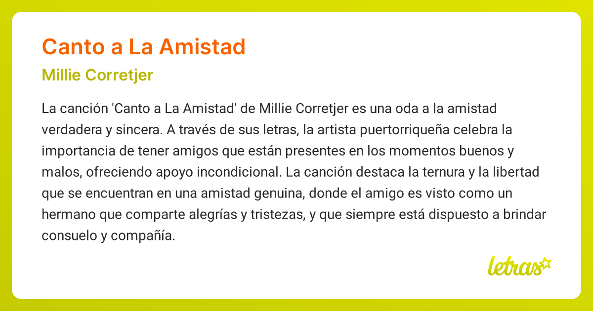 Significado de la canción CANTO A LA AMISTAD (Millie Corretjer ...