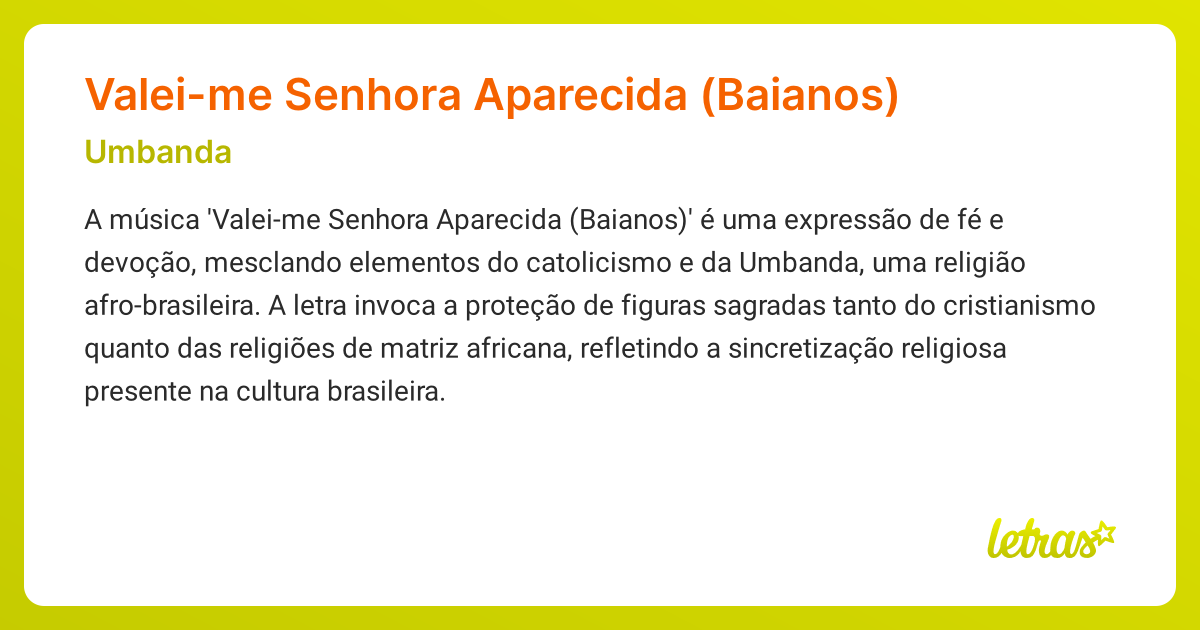 Significado da música Valei-me Senhora Aparecida (Baianos) (Umbanda ...