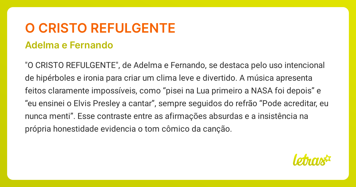 Significado da música O CRISTO REFULGENTE (Adelma e Fernando) - LETRAS ...