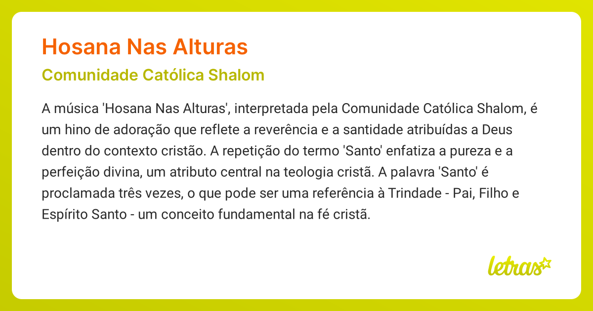 Significado da música HOSANA NAS ALTURAS (Comunidade Católica Shalom ...
