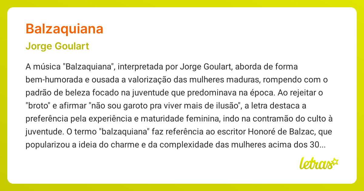 Significado da música BALZAQUIANA (Jorge Goulart) - LETRAS.MUS.BR