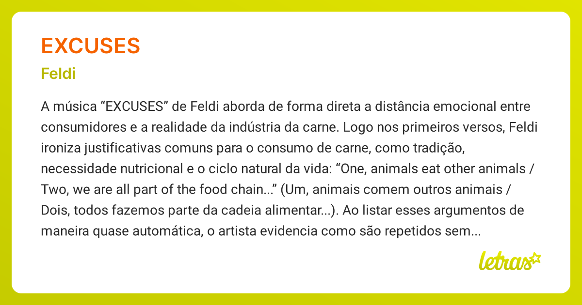 Significado da música EXCUSES (Feldi) - LETRAS.MUS.BR