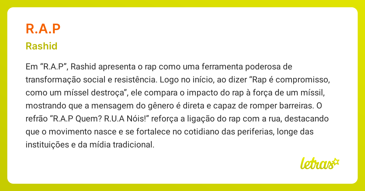 Significado da música R.A.P (Rashid) - LETRAS.MUS.BR