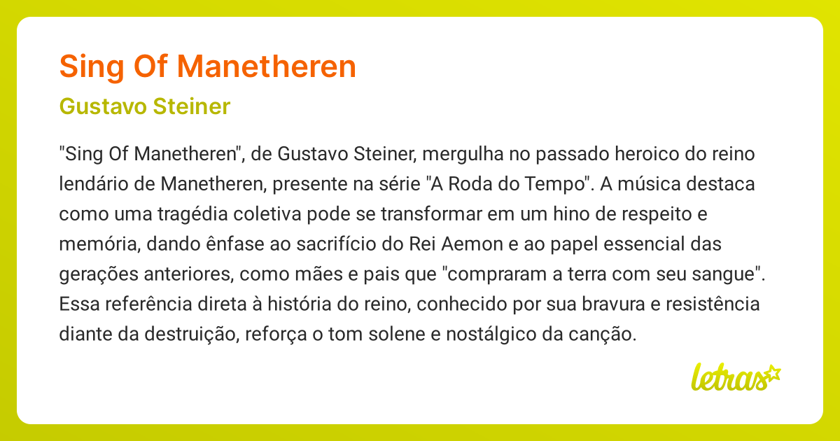 Significado da música SING OF MANETHEREN (Gustavo Steiner) - LETRAS.MUS.BR