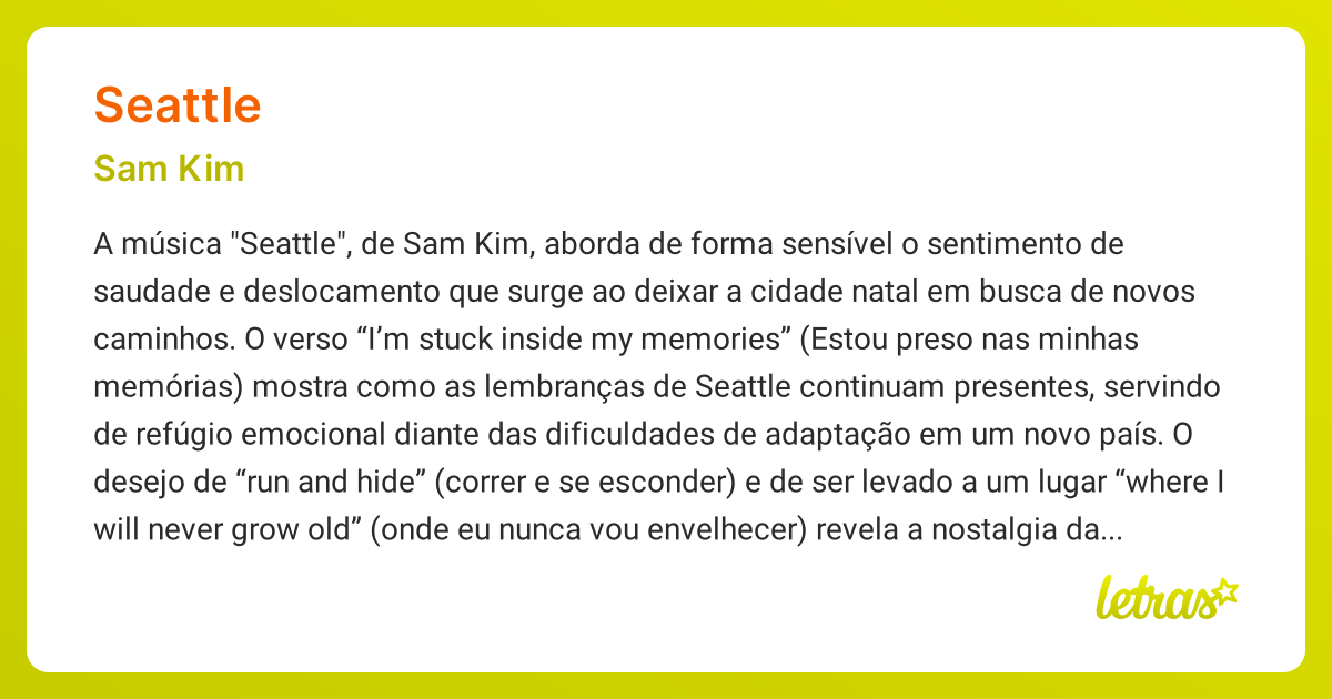 Significado da música SEATTLE (Sam Kim) - LETRAS.MUS.BR