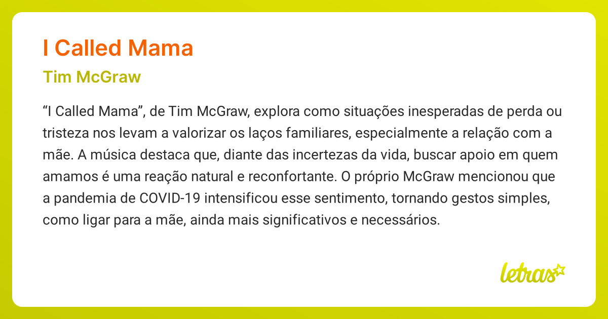 Significado da música I CALLED MAMA (Tim McGraw) - LETRAS.MUS.BR