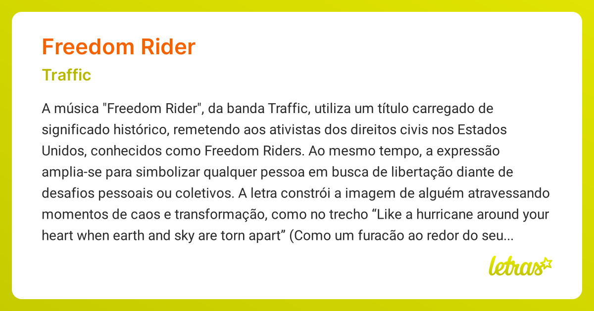 Significado da música FREEDOM RIDER (Traffic) - LETRAS.MUS.BR
