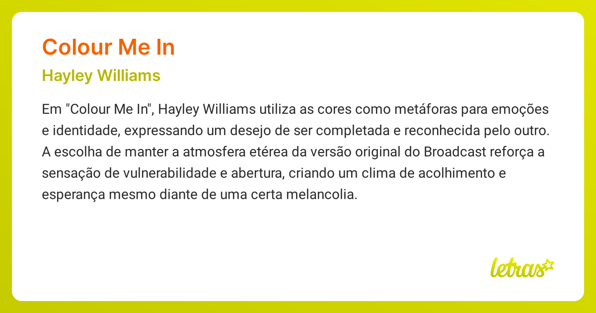 Significado da música COLOUR ME IN (Hayley Williams) - LETRAS.MUS.BR