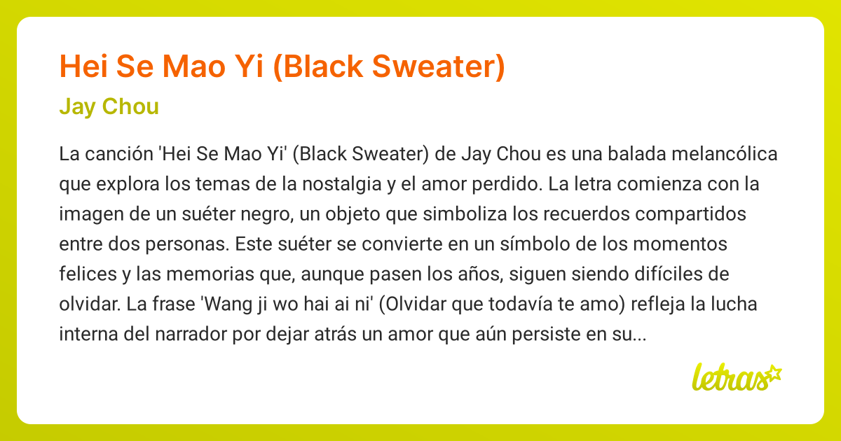 Significado de la cancion HEI SE MAO YI BLACK SWEATER Jay Chou LETRAS.COM