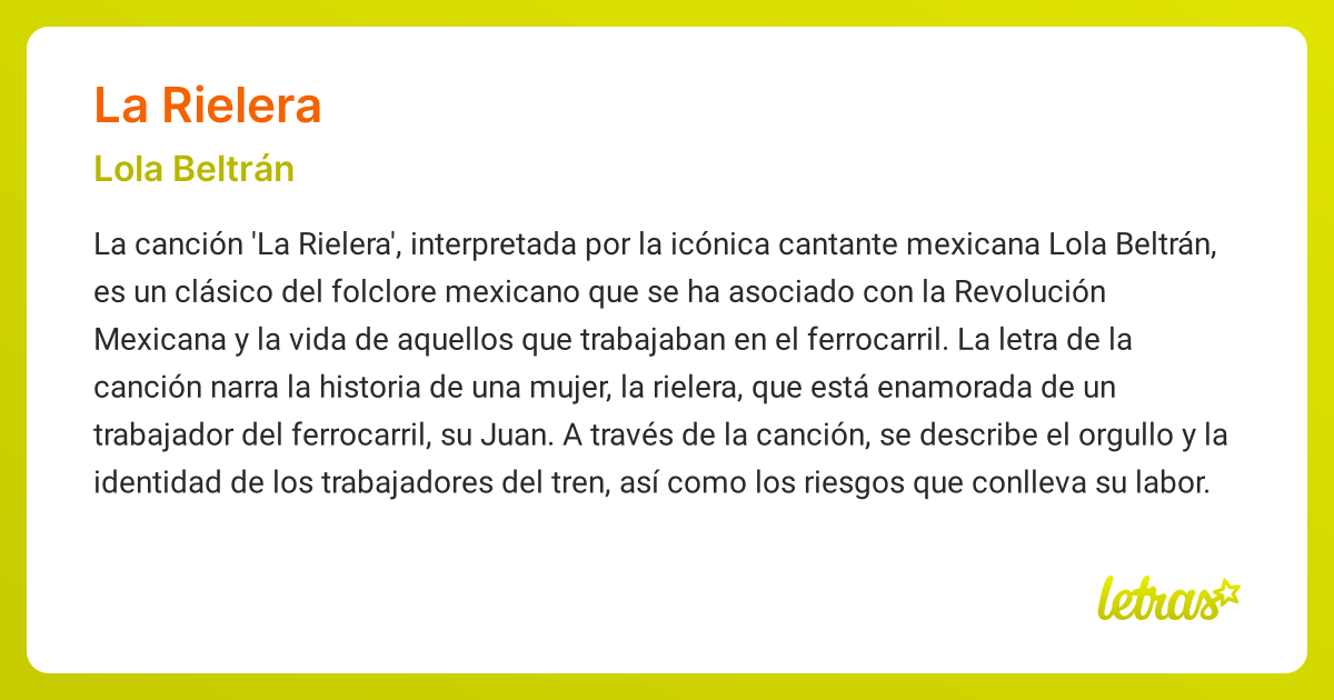 Significado de la canción LA RIELERA (Lola Beltrán) - LETRAS.COM