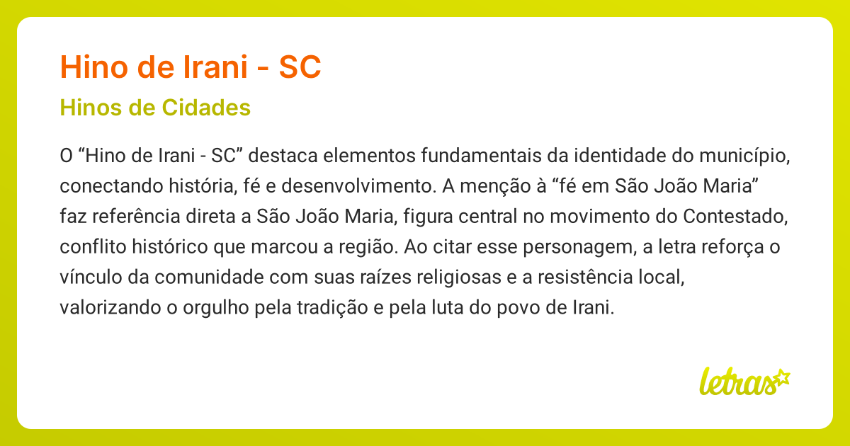 Significado da música HINO DE IRANI - SC (Hinos de Cidades) - LETRAS.MUS.BR