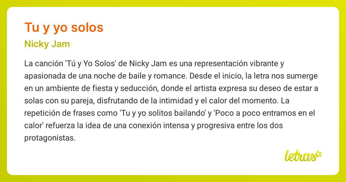 Significado de la canción TU Y YO SOLOS (Nicky Jam) - LETRAS.COM