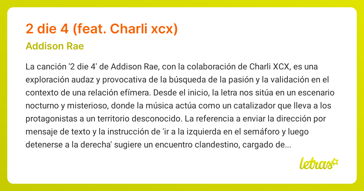 Significado de la canción 2 DIE 4 (FEAT. CHARLI XCX) (Addison Rae ...