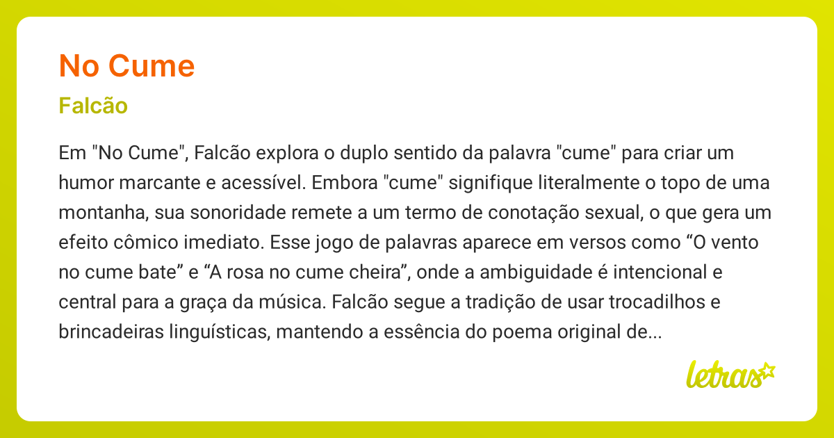 Significado da música NO CUME (Falcão) - LETRAS.MUS.BR