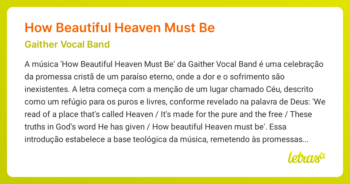 Significado da música HOW BEAUTIFUL HEAVEN MUST BE (Gaither Vocal Band ...