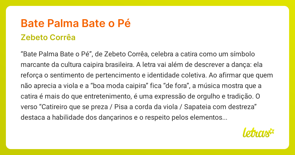 Significado da música BATE PALMA BATE O PÉ (Zebeto Corrêa) - LETRAS.MUS.BR