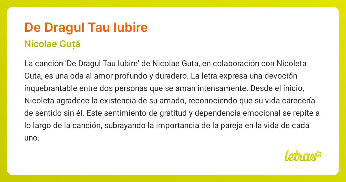 Significado de la canción DE DRAGUL TAU IUBIRE (Nicolae Guță) - LETRAS.COM