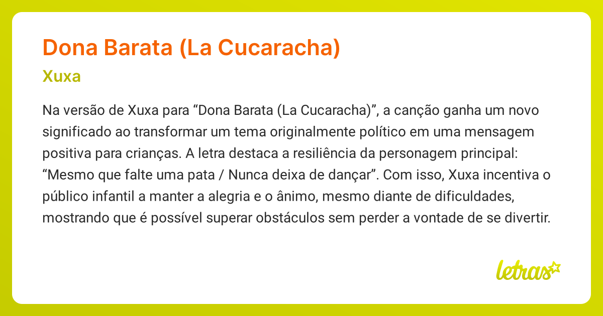 Significado da música DONA BARATA (LA CUCARACHA) (Xuxa) LETRAS.MUS.BR