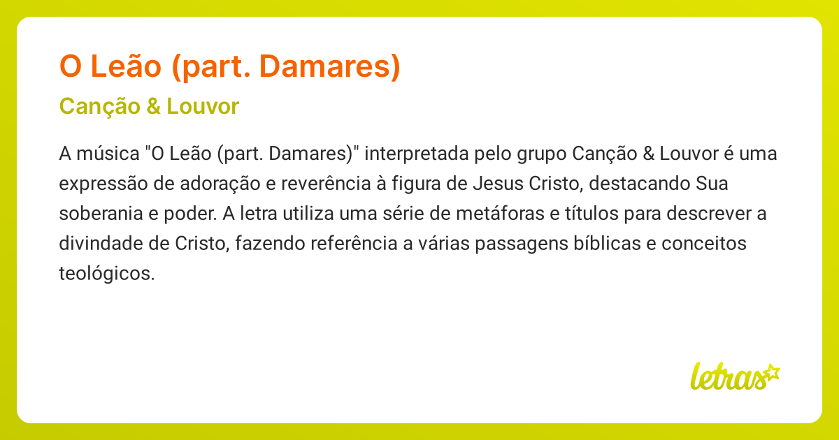 Significado da música O LEÃO (PART. DAMARES) (Canção & Louvor) - LETRAS ...