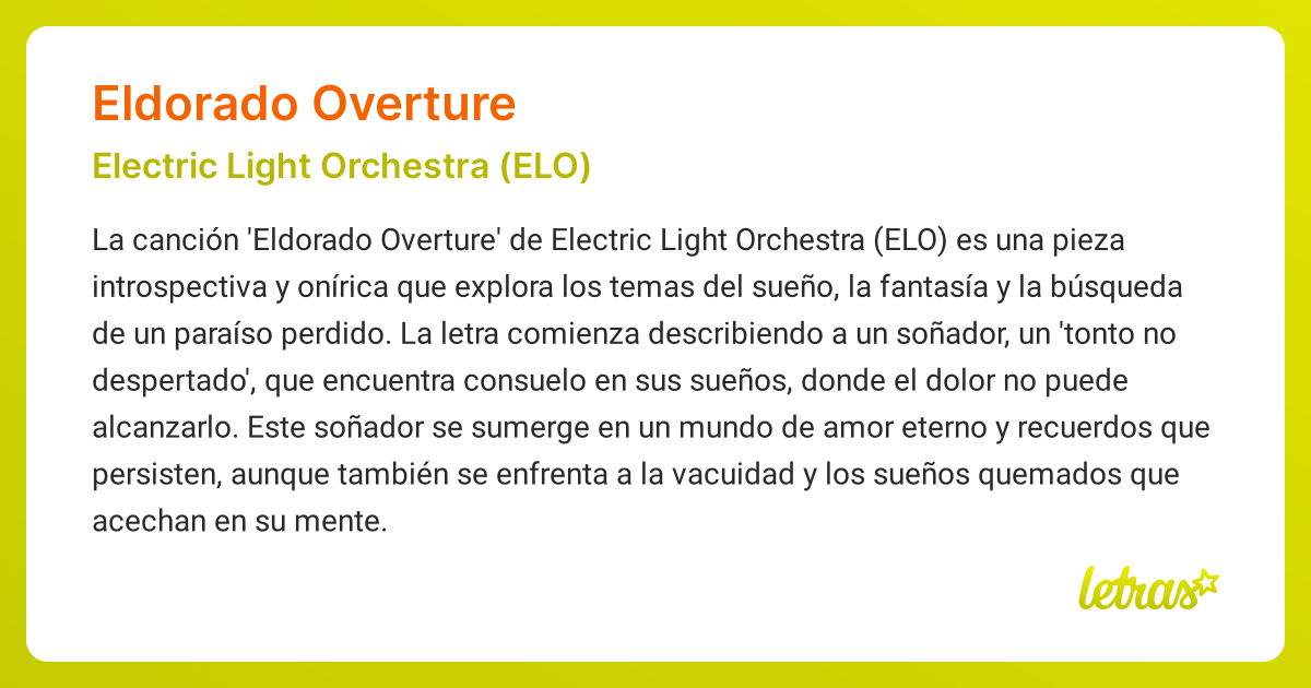 Significado de la canción ELDORADO OVERTURE (Electric Light Orchestra