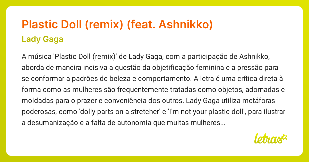 Significado da música Plastic Doll (remix) (feat. Ashnikko) (Lady Gaga