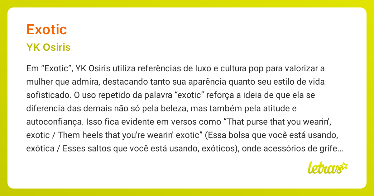 Significado da música EXOTIC (YK Osiris) - LETRAS.MUS.BR