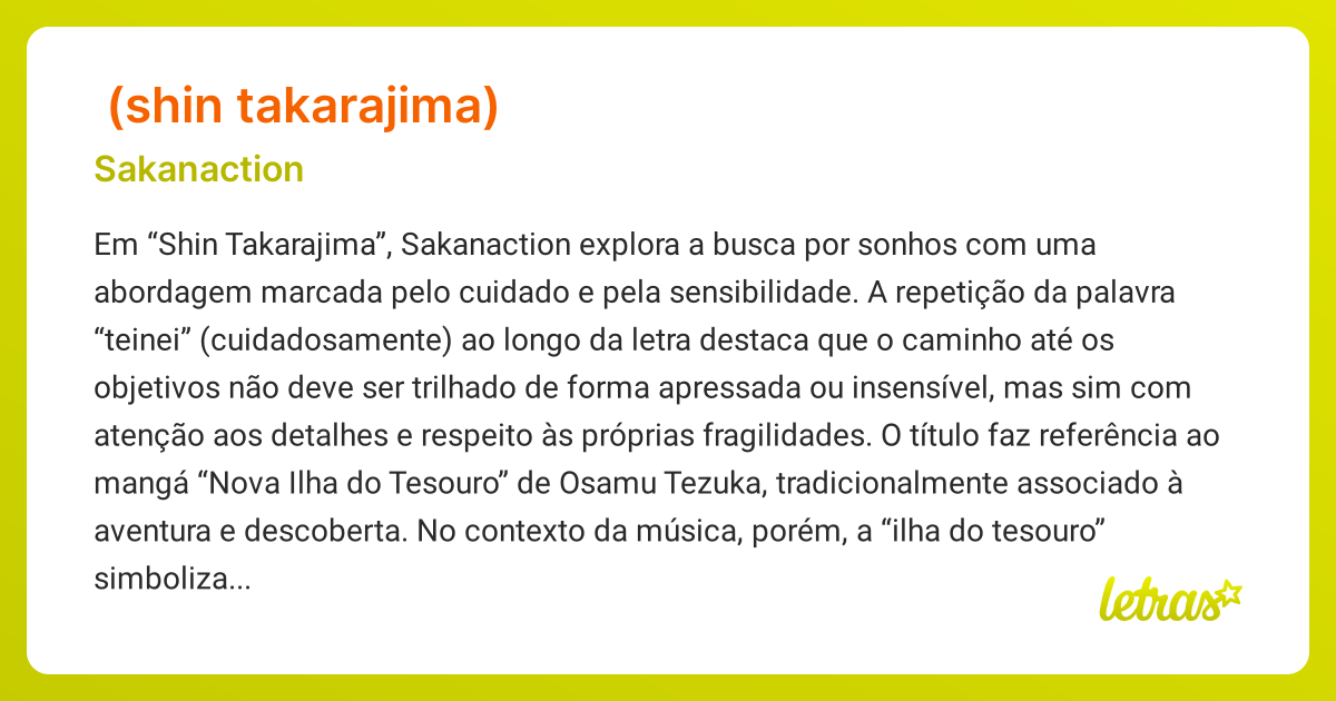 Significado da música SHIN TAKARAJIMA (Sakanaction) - LETRAS.MUS.BR