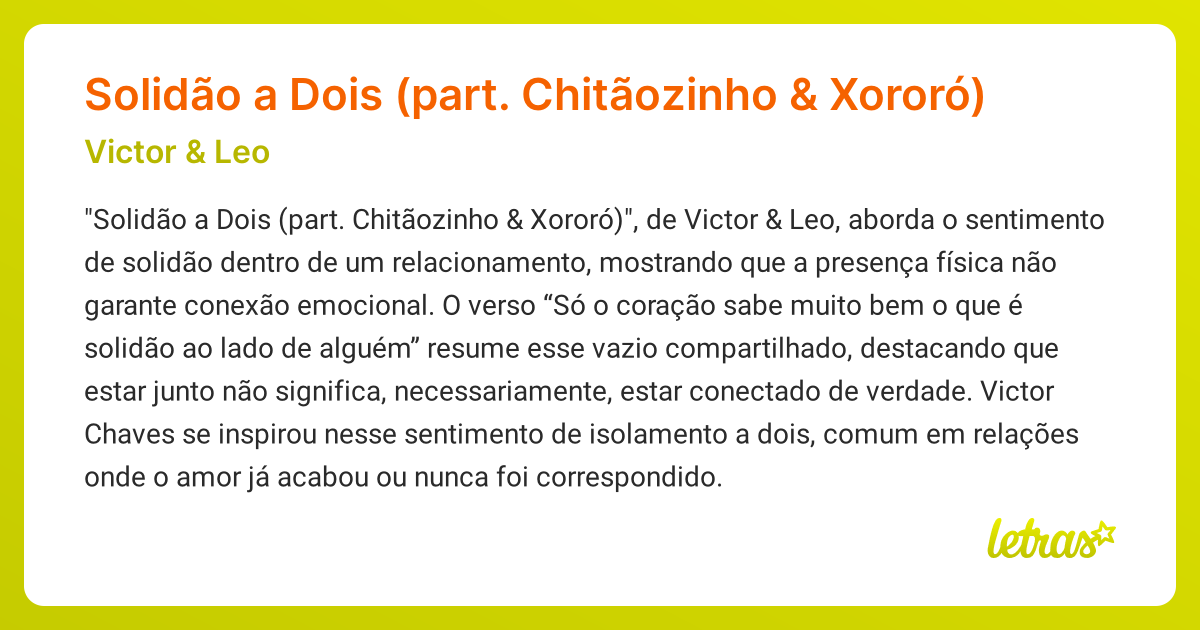 Significado da música Solidão a Dois (part. Chitãozinho & Xororó