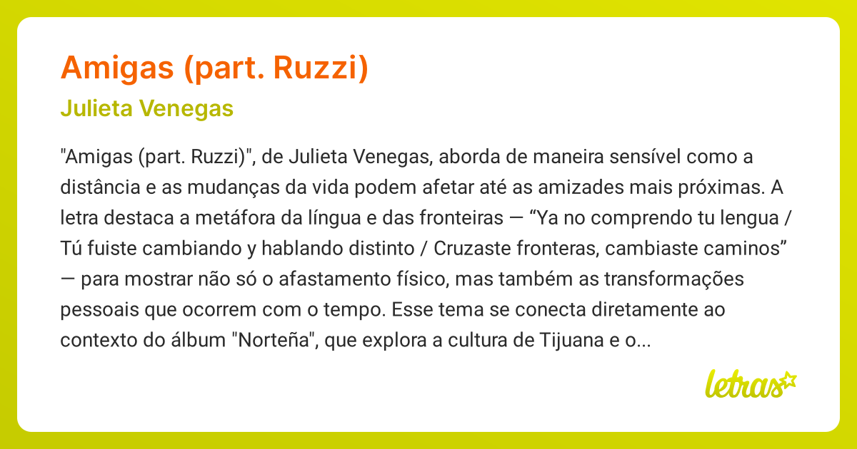 Significado da música AMIGAS (PART. RUZZI) (Julieta Venegas) - LETRAS ...