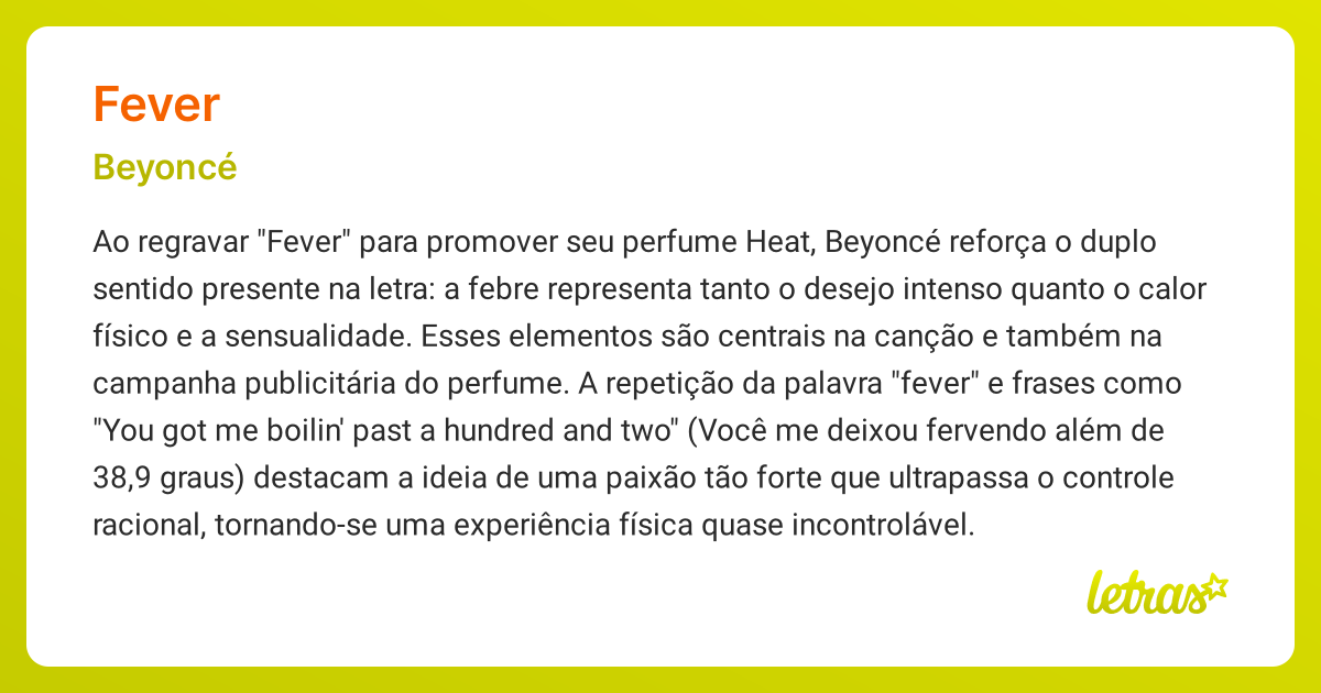 Significado da música FEVER (Beyoncé) - LETRAS.MUS.BR