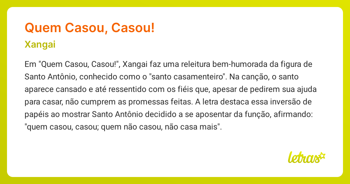 Significado da música QUEM CASOU, CASOU! (Xangai) - LETRAS.MUS.BR