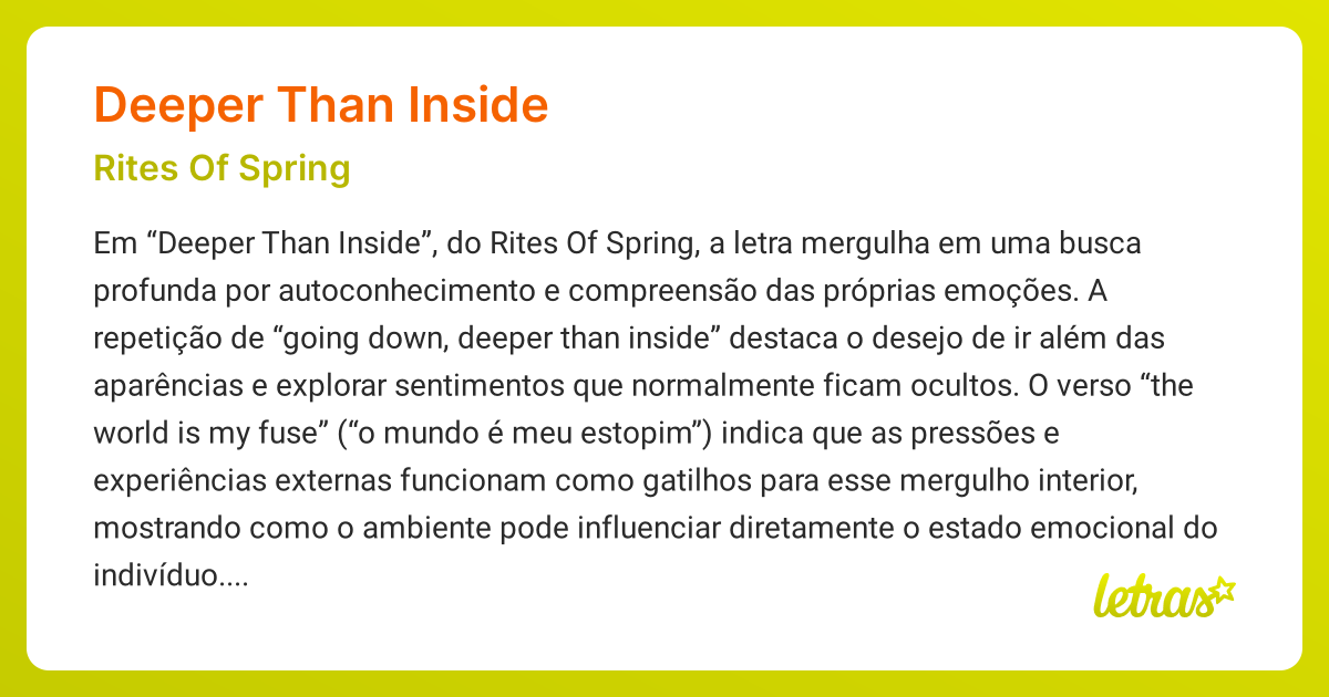 Significado da música DEEPER THAN INSIDE (Rites Of Spring) - LETRAS.MUS.BR
