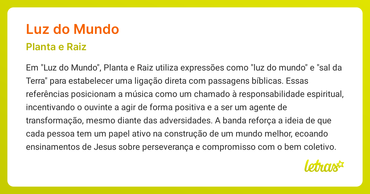 Significado da música LUZ DO MUNDO (Planta e Raiz) - LETRAS.MUS.BR